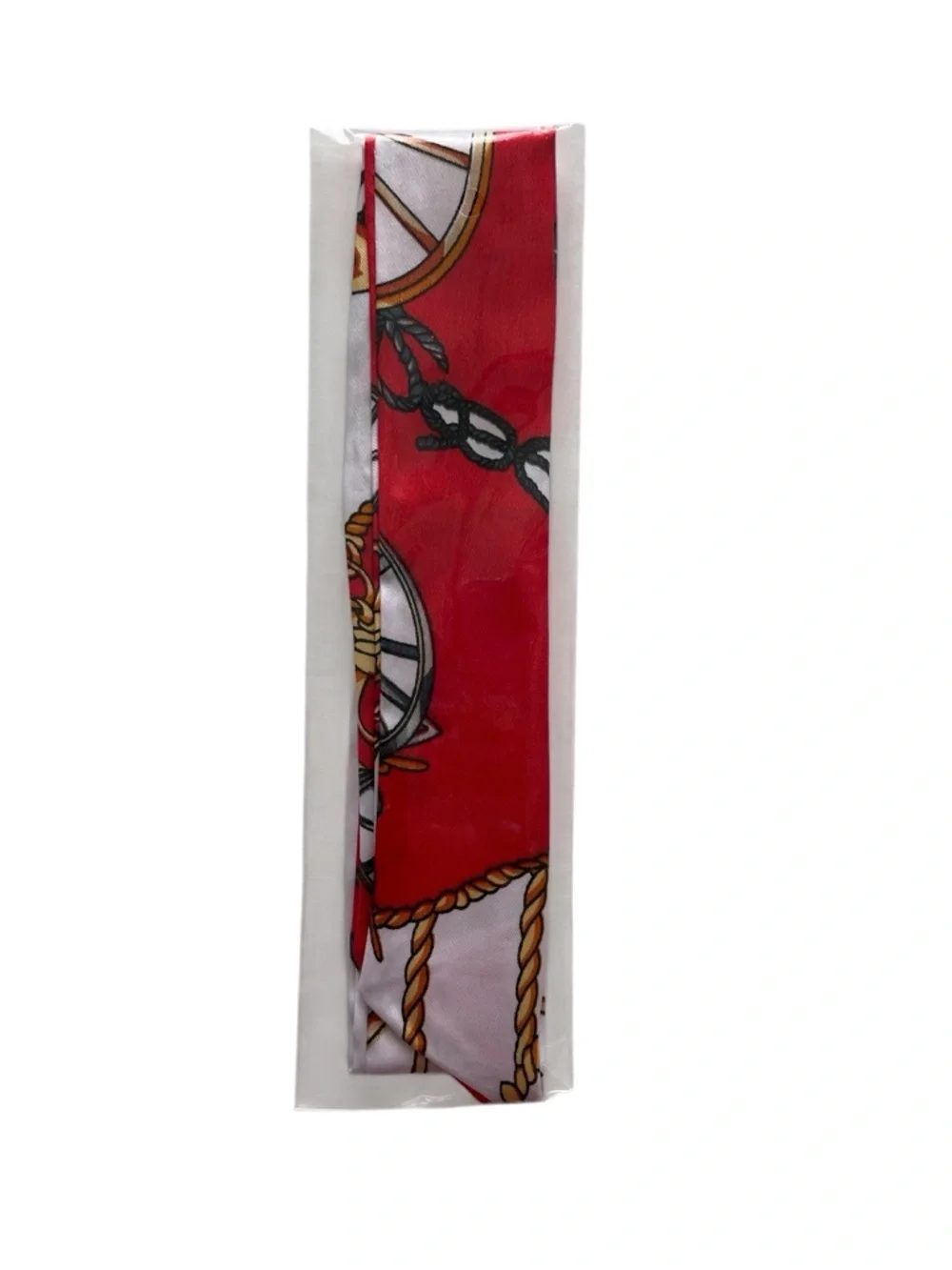 Red and White Bag Scarf with Chain & Wheel Motif